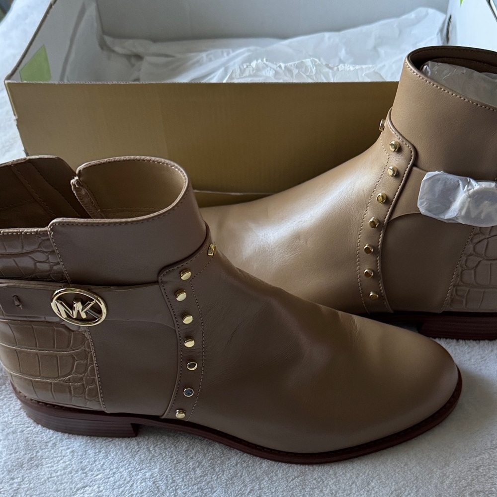 Michael Kors Beige Ankle Boots with Gold Accents